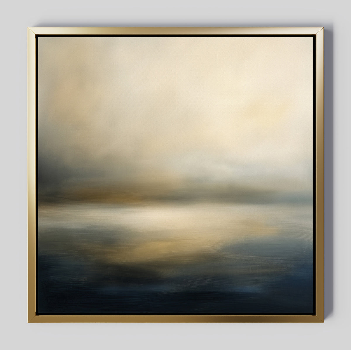 Add calming Nordic Park vibes to your space with the Foggy Bay Impressions Canvas Art - Square, a framed abstract piece in soft beige, cream, and navy tones that evokes a serene, misty landscape or seascape.