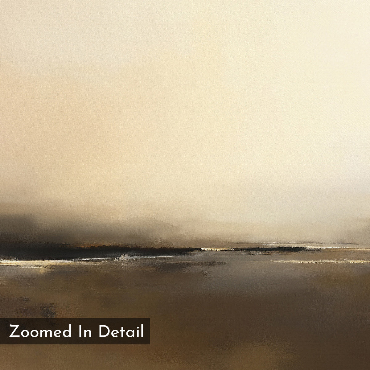 Close-up view of "Foggy Beach Expanse Canvas Art - Horizontal" reveals soft beige, cream, and brown tones blending in an abstract, serene landscape. "Zoomed In Detail" is displayed in a box at the bottom left of the image.