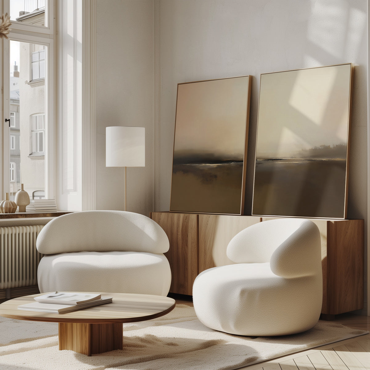 A modern, minimalist living room features two white rounded armchairs, a low wooden coffee table, and Foggy Beach Expanse - Set Of 2 artwork. Sunlight through large windows creates a tranquil and cozy atmosphere filled with sophisticated calm.