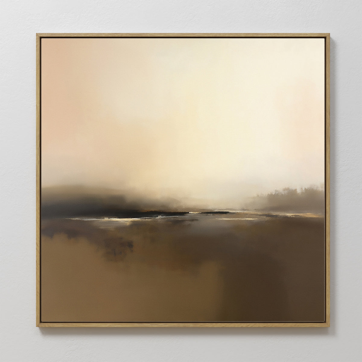 The Foggy Beach Expanse Canvas Art - Square features warm brown and beige tones with soft, blurred shapes evoking distant hills and a hazy sky—perfect for adding Nordic charm when framed in gold and displayed on a white wall.