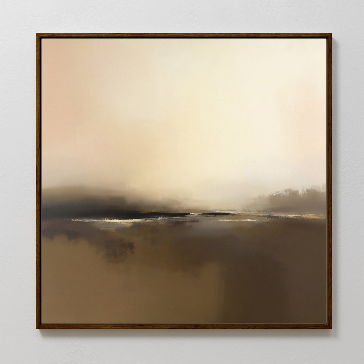 The Foggy Beach Expanse Canvas Art - Square features soft, blended earth tones with hazy silhouettes, evoking a serene Nordic-inspired landscape and adding warmth to your home decor under a light sky.