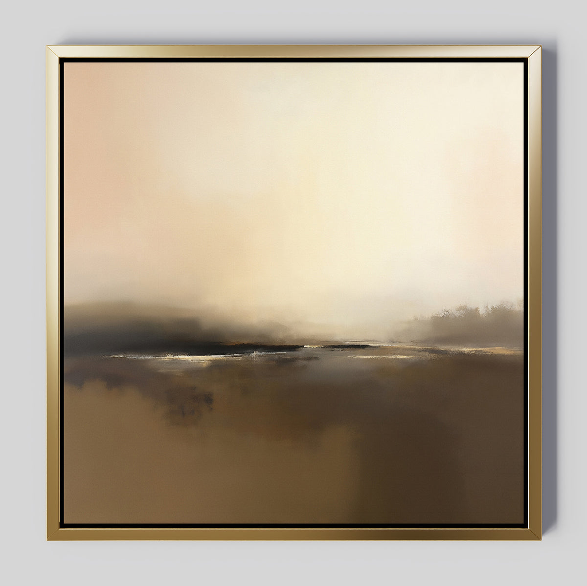 Foggy Beach Expanse Canvas Art - Square showcases a serene landscape in warm beige and brown, with a hazy horizon and soft light. This Nordic decor piece is framed in gold and black, perfect for display on a gray wall.