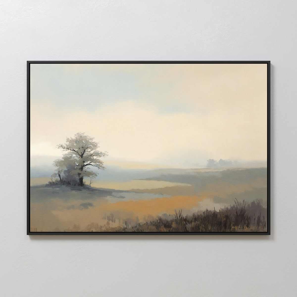 The Foggy Solitude Canvas Art - Horizontal features a serene misty landscape with a lone tree on a grassy field, soft colors, and a hazy sky—perfect for adding tranquil, calming vibes to your bedroom décor.