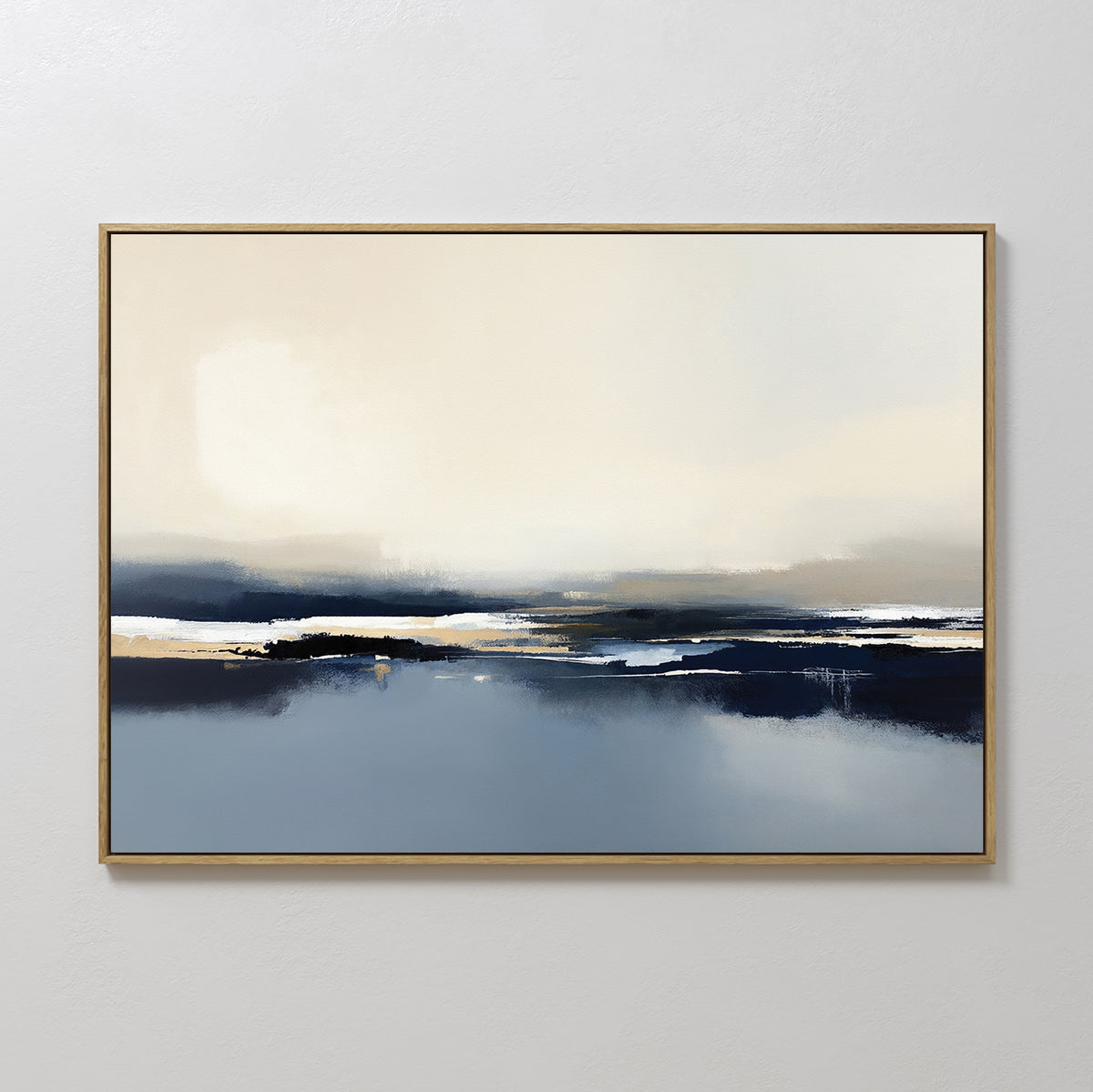 Frozen Bay Canvas Art - Horizontal: A serene abstract landscape in soft beige, cream, and blue tones with misty water and distant shorelines. Perfect for modern living rooms, this contemporary print comes framed in a slim gold frame.
