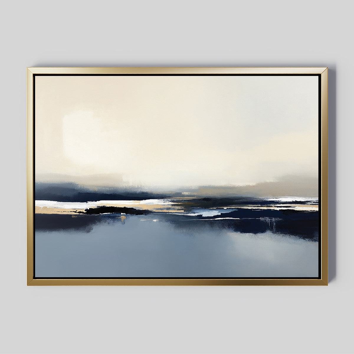 The Frozen Bay Canvas Art - Horizontal features soft blends of blue, beige, white, and black for a serene winter waterscape. In a gold frame, it's perfect for modern living rooms with plain gray walls.