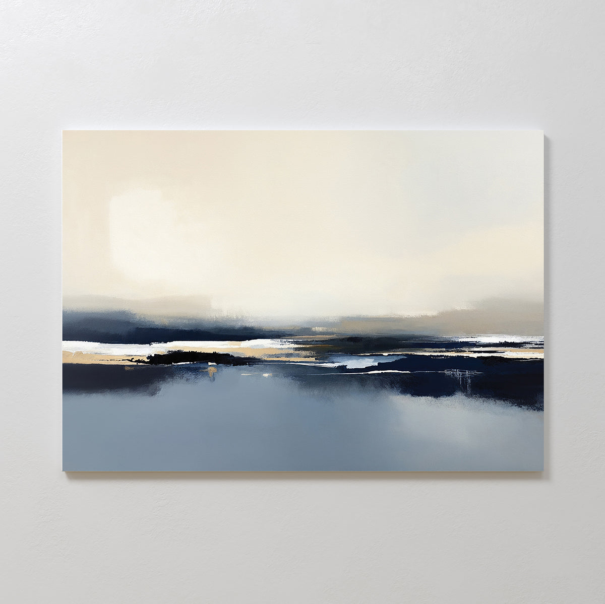 Frozen Bay Canvas Art - Horizontal features soft, blended blue, beige, and white tones evoking serene winter waters. This calm, minimalistic piece is ideal for modern living rooms and looks striking when mounted on a plain white wall.