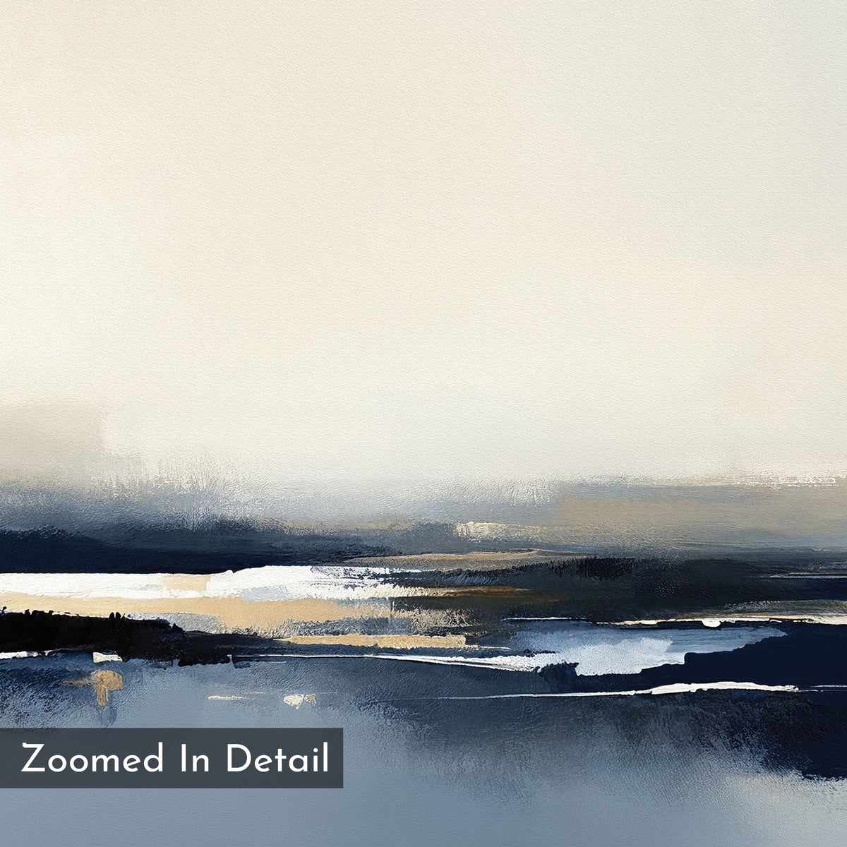 Frozen Bay Canvas Art - Horizontal showcases abstract blue, beige, and white tones with horizontal brushstrokes evoking serene winter waters. "Zoomed In Detail" appears in the bottom left—ideal for modern living rooms.