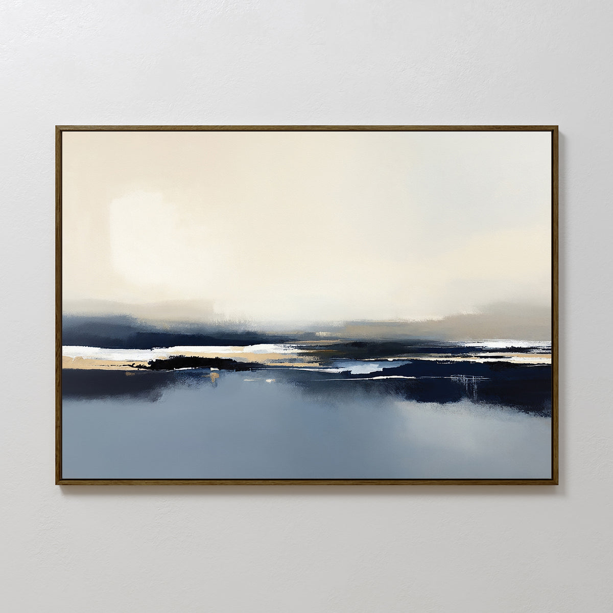 Frozen Bay Canvas Art - Horizontal features soft beige and cream tones blending into deep blue brushstrokes, evoking a tranquil winter seascape—ideal for modern living rooms with a white wall.