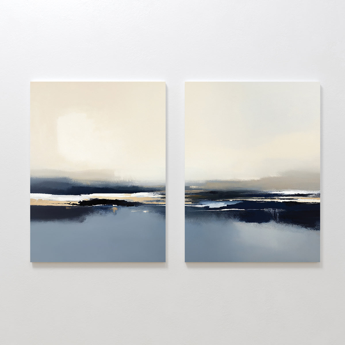 The Frozen Bay - Set Of 2 features abstract paintings with soft blue, beige, and white tones in horizontal layers. These serene pieces evoke winter waters and are perfect as modern living room decor.