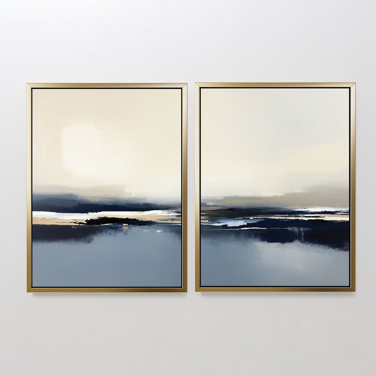 The Frozen Bay - Set Of 2 features abstract paintings with soft blue, beige, and white gradients in gold frames—perfect contemporary prints to add a serene, modern touch to your living room decor.