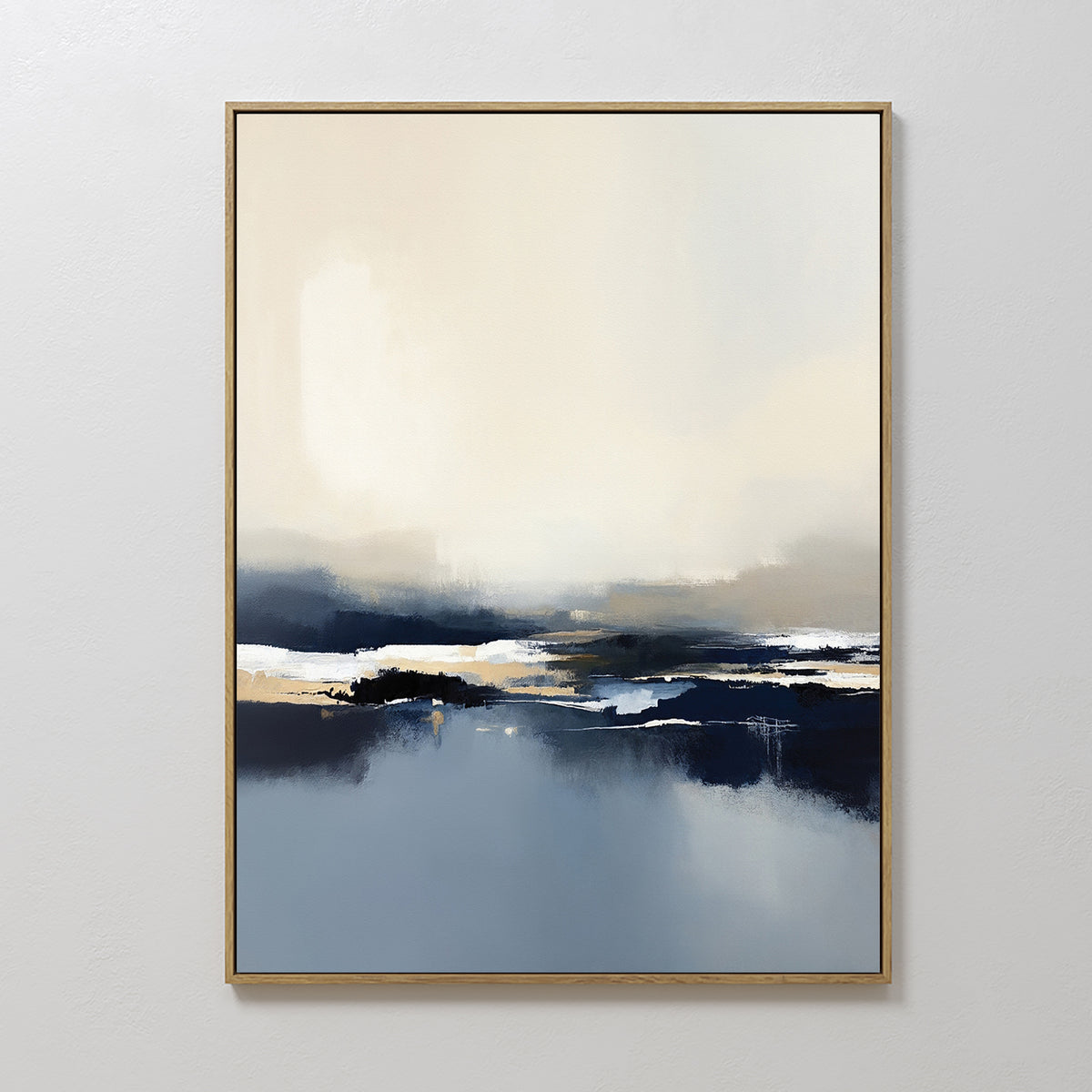 The Frozen Bay Canvas Art - Vertical features soft, blended blue, cream, white, and beige tones evoking a tranquil winter seascape—ideal as a contemporary print to enhance modern living room decor on a plain white wall.