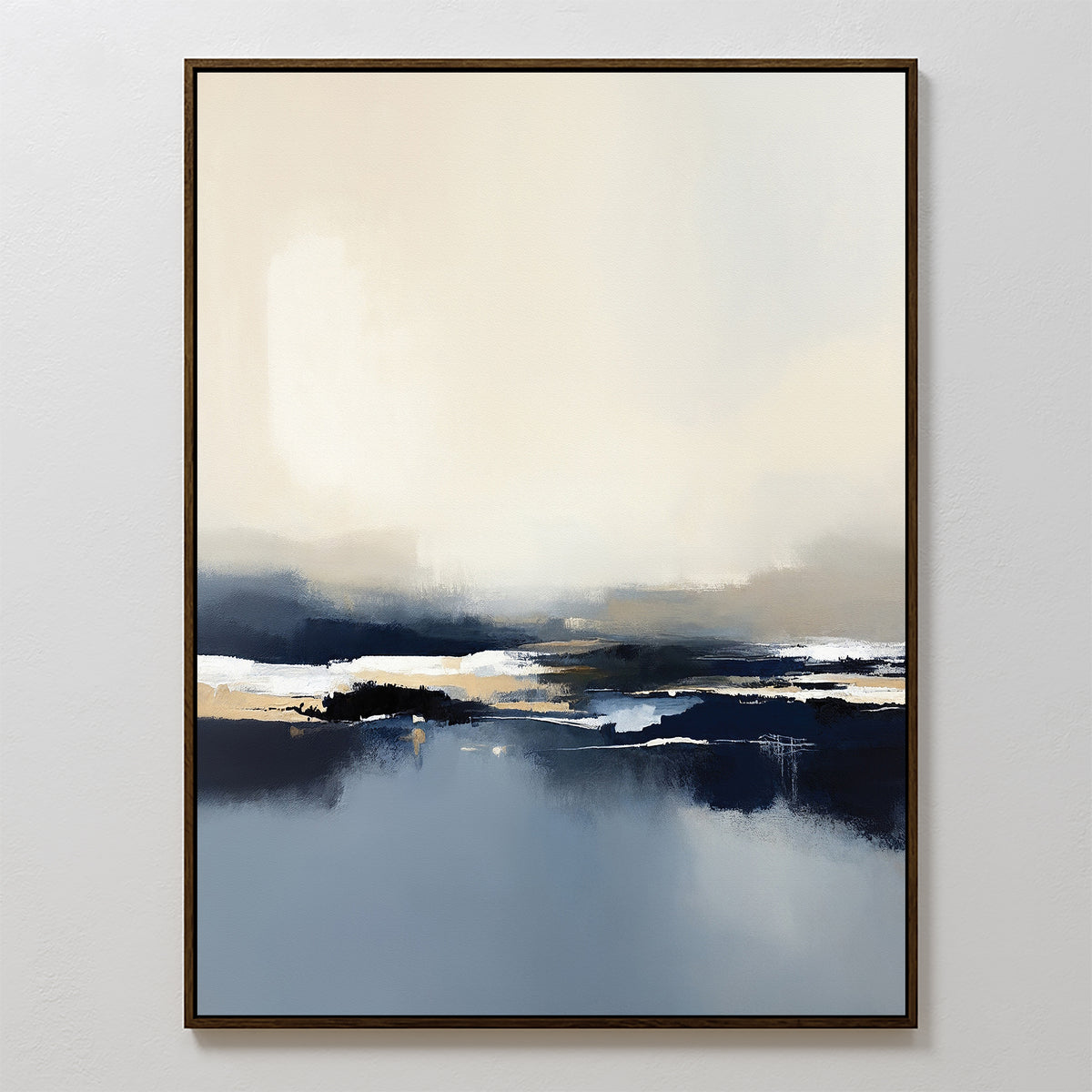The Frozen Bay Canvas Art - Vertical features soft, blurred shades of cream, beige, navy blue, and black. This serene abstract print adds a contemporary touch to any modern living room when framed and displayed on a white wall.
