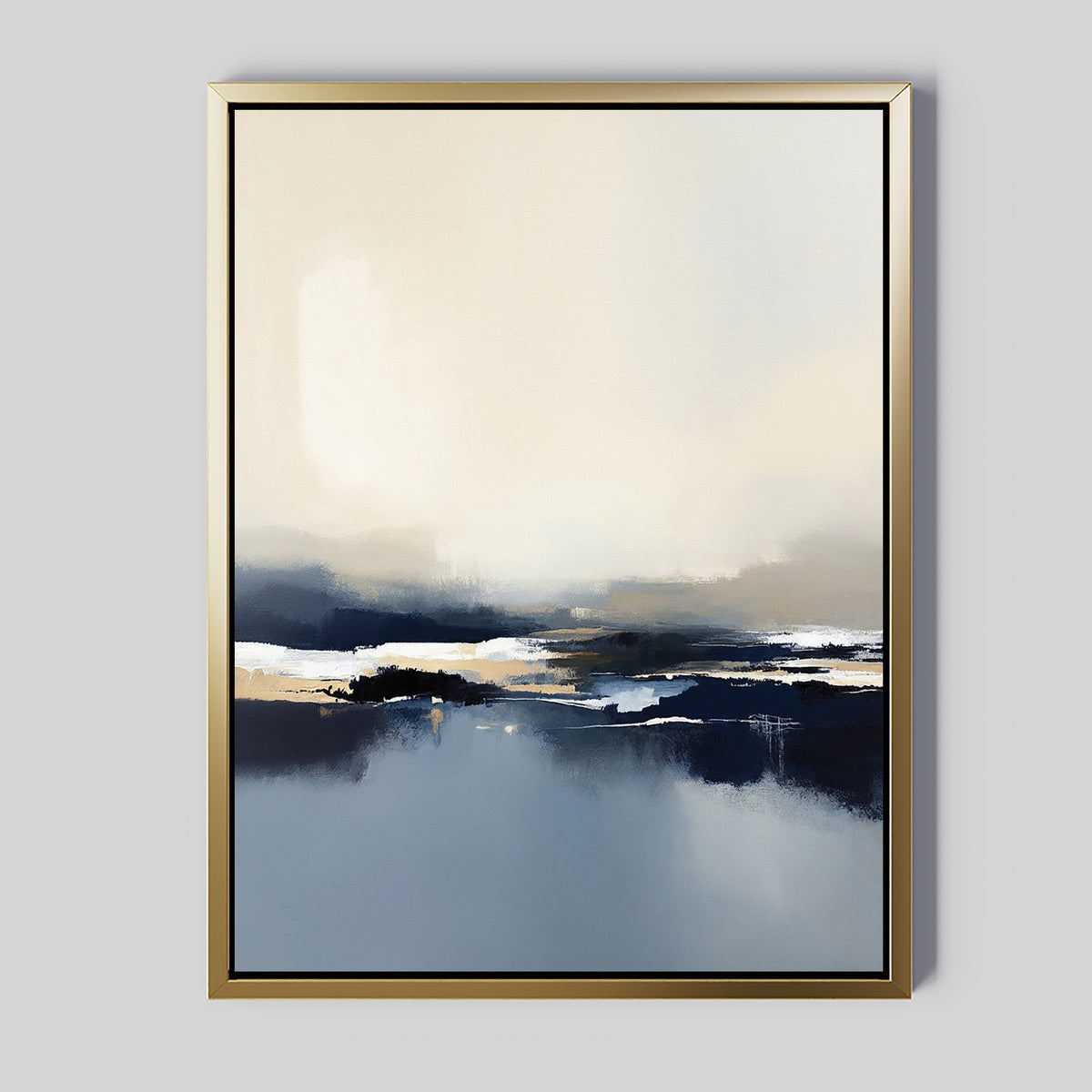 Frozen Bay Canvas Art - Vertical features soft, blended blue, beige, and white tones that evoke a misty seascape. Displayed in a slim gold frame on a light gray wall, it’s perfect for elevating modern living room decor.