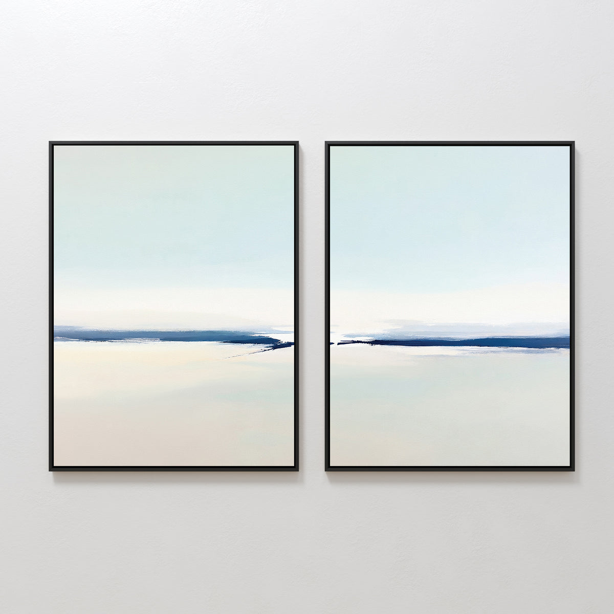 The Frozen Channel - Set Of 2 features minimalist wall art with light blue and beige tones, showcasing simple horizontal lines and abstract forms in black frames—ideal for modern living room decor.