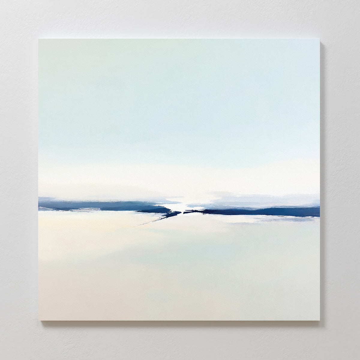 Frozen Channel Canvas Art - Square features soft light blue and cream tones with a deep blue band at the center, creating a serene minimalist wall print perfect for modern living rooms or any peaceful space.