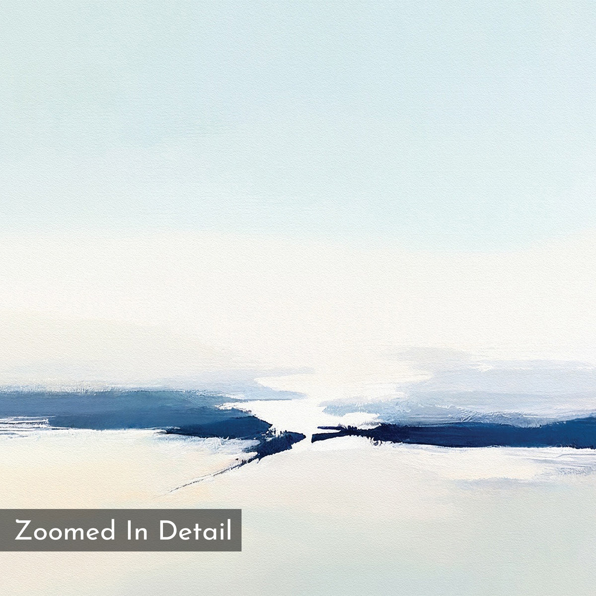 Frozen Channel Canvas Art - Vertical features textured blue and white brushstrokes blending horizontally on a pale background, with a “Zoomed In Detail” label—ideal as serene abstract print or minimalist wall art.