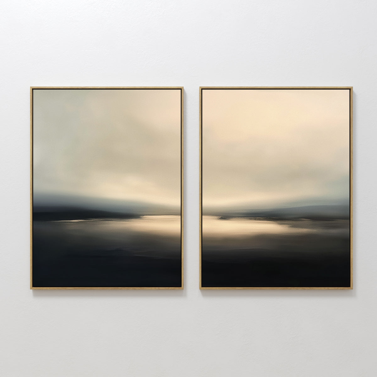 The Golden Fog Horizon - Set of 2 features framed abstract paintings of blurred Nordic-style landscapes with dark foregrounds and hazy skies, creating a calm and serene atmosphere on any white wall.