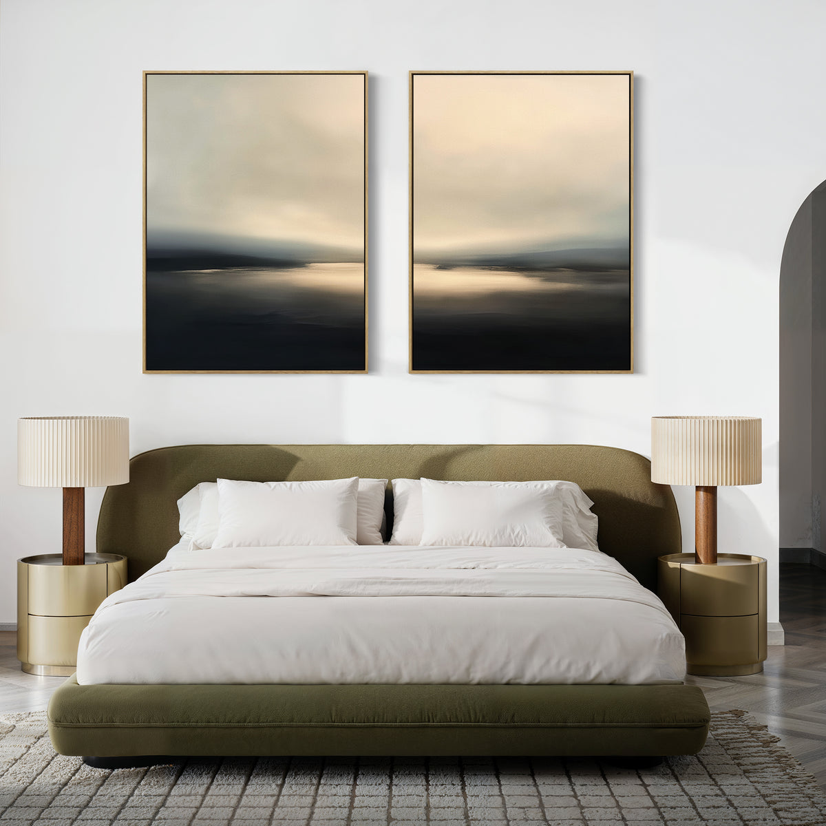 A modern bedroom with an olive green bed, white bedding, and beige nightstands is styled with the Golden Fog Horizon - Set Of 2 abstract landscape art above the bed for a neutral, minimalist look.