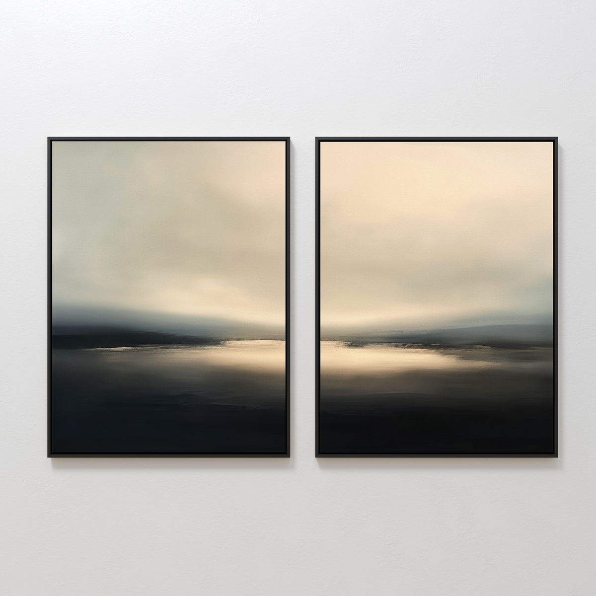 The Golden Fog Horizon - Set Of 2 features framed abstract landscapes side by side, each evoking a serene lake or dusk horizon—ideal wall art for bringing calm, Nordic Park-inspired tones to your space.