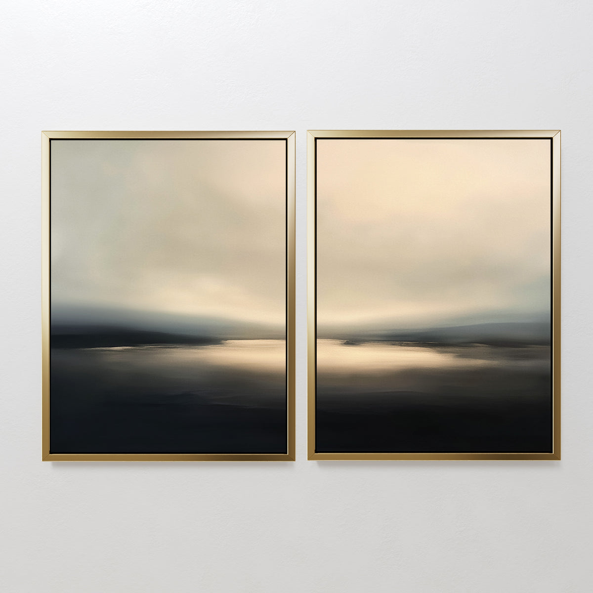 The Golden Fog Horizon - Set Of 2 features framed abstract landscape prints in soft beige, black, and gray tones, creating serene water and sky scenes—perfect minimalist or calming coastal wall art for any plain white wall.