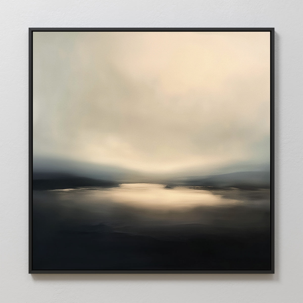 Golden Fog Horizon Canvas Art - Square features a framed abstract landscape with soft beige, gray, and dark blue tones, evoking a serene Nordic park with misty water, distant hills, and a glowing sky—an elegant piece for your wall.