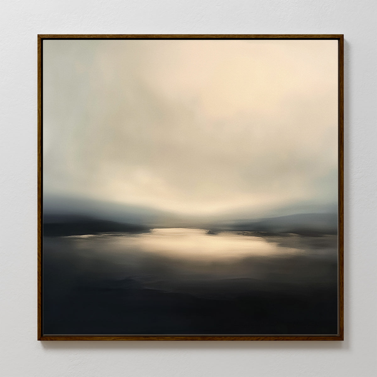 The Golden Fog Horizon Canvas Art - Square features soft, blurred beige, blue, and gray tones that evoke a tranquil landscape, creating a calm and minimalist Nordic Park-inspired atmosphere for your space.