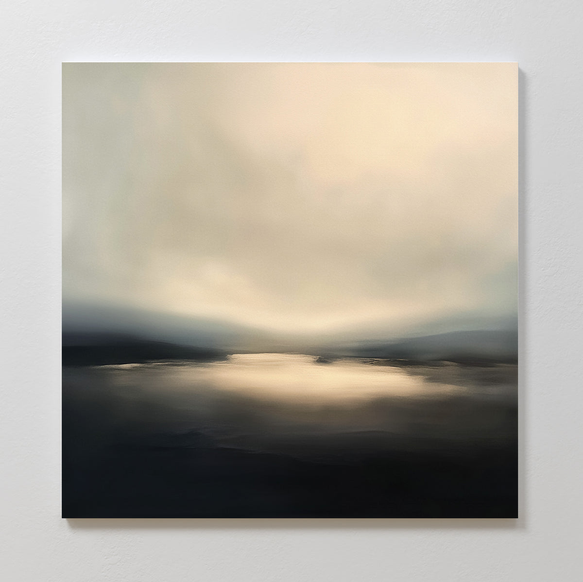 The Golden Fog Horizon Canvas Art - Square features a minimalist lake at dusk with soft beige, gray, and black tones. Reflections on the water evoke a serene Nordic Park atmosphere for tranquil wall décor.