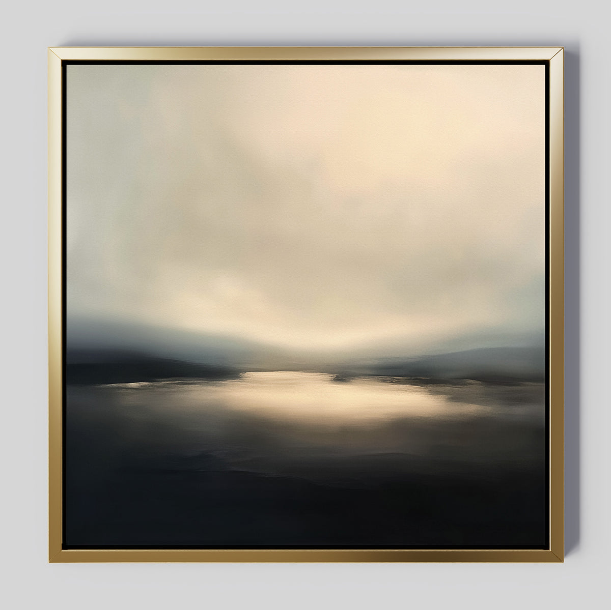 The Golden Fog Horizon Canvas Art - Square showcases a tranquil, misty landscape with soft, muted tones. Light from the horizon reflects on calm water, blending sky and distant hills in an abstract Nordic-inspired style.