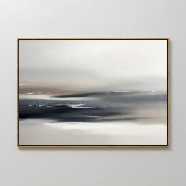 Grey Ripples Canvas Art - Horizontal features a minimalist, misty landscape with soft blends of white, gray, black, and brown. Set in a slim light frame on a white wall, it’s the perfect modern accent for your living room.
