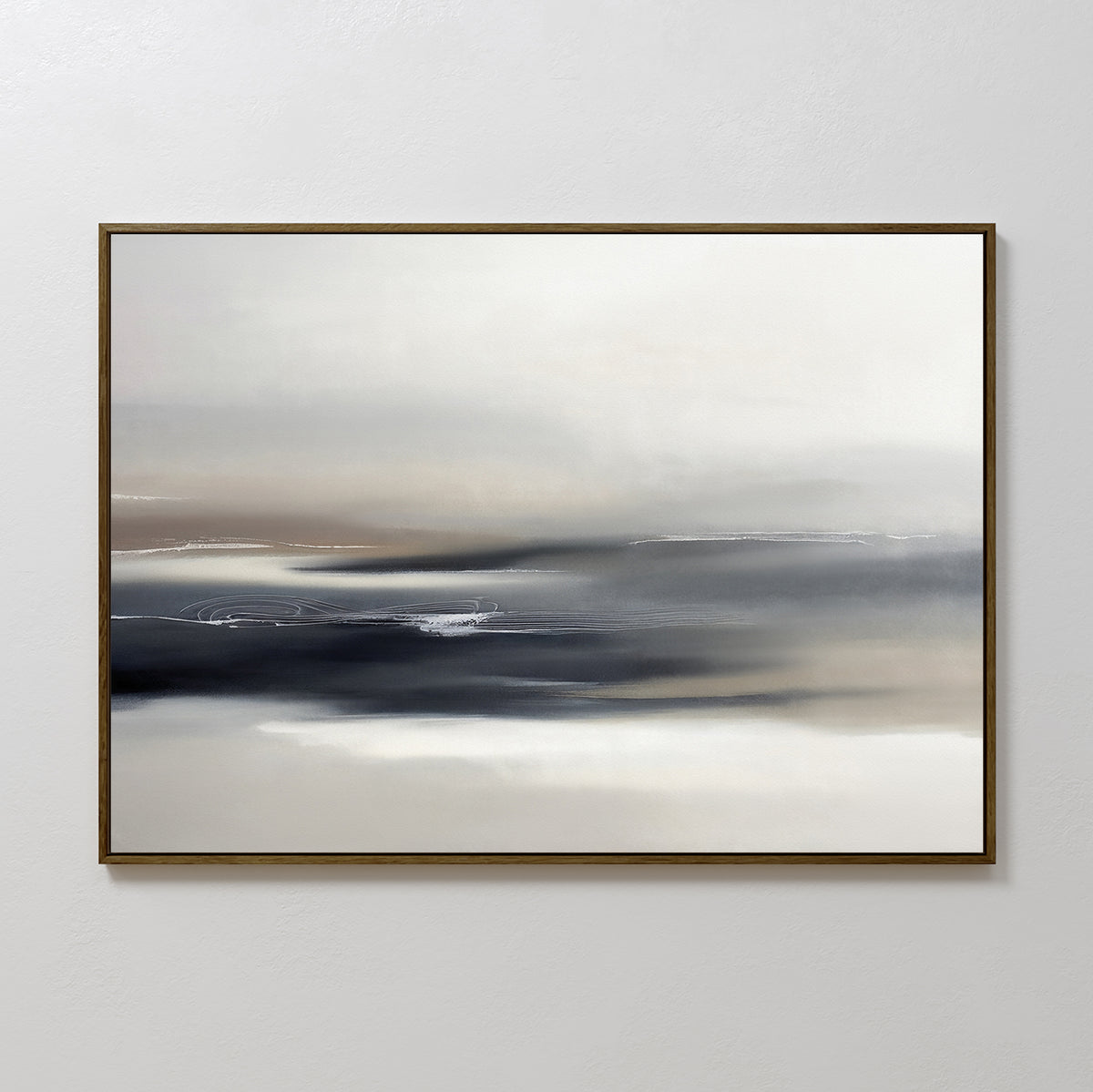 Grey Ripples Canvas Art - Horizontal features soft gradients and blurred lines in a thin, dark frame. This minimalist piece brings calming, misty tones—an ideal abstract artwork to elevate modern living rooms with subtle sophistication.