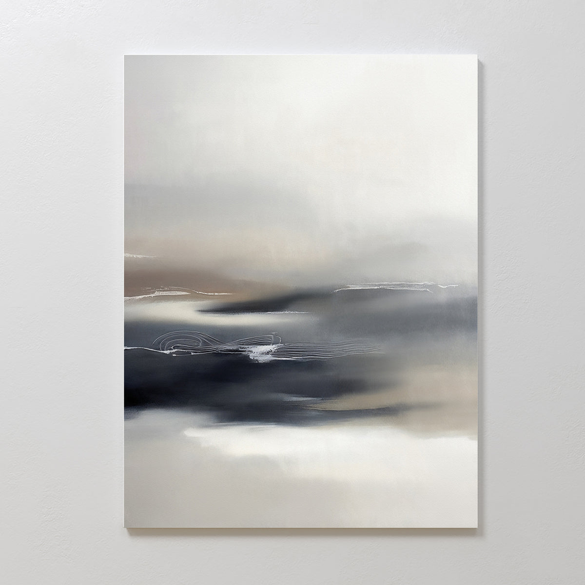 Grey Ripples Canvas Art - Vertical features soft, blurred shades of white, gray, and beige with subtle dark streaks and light lines. This minimalist print brings a misty, serene touch to modern living rooms.