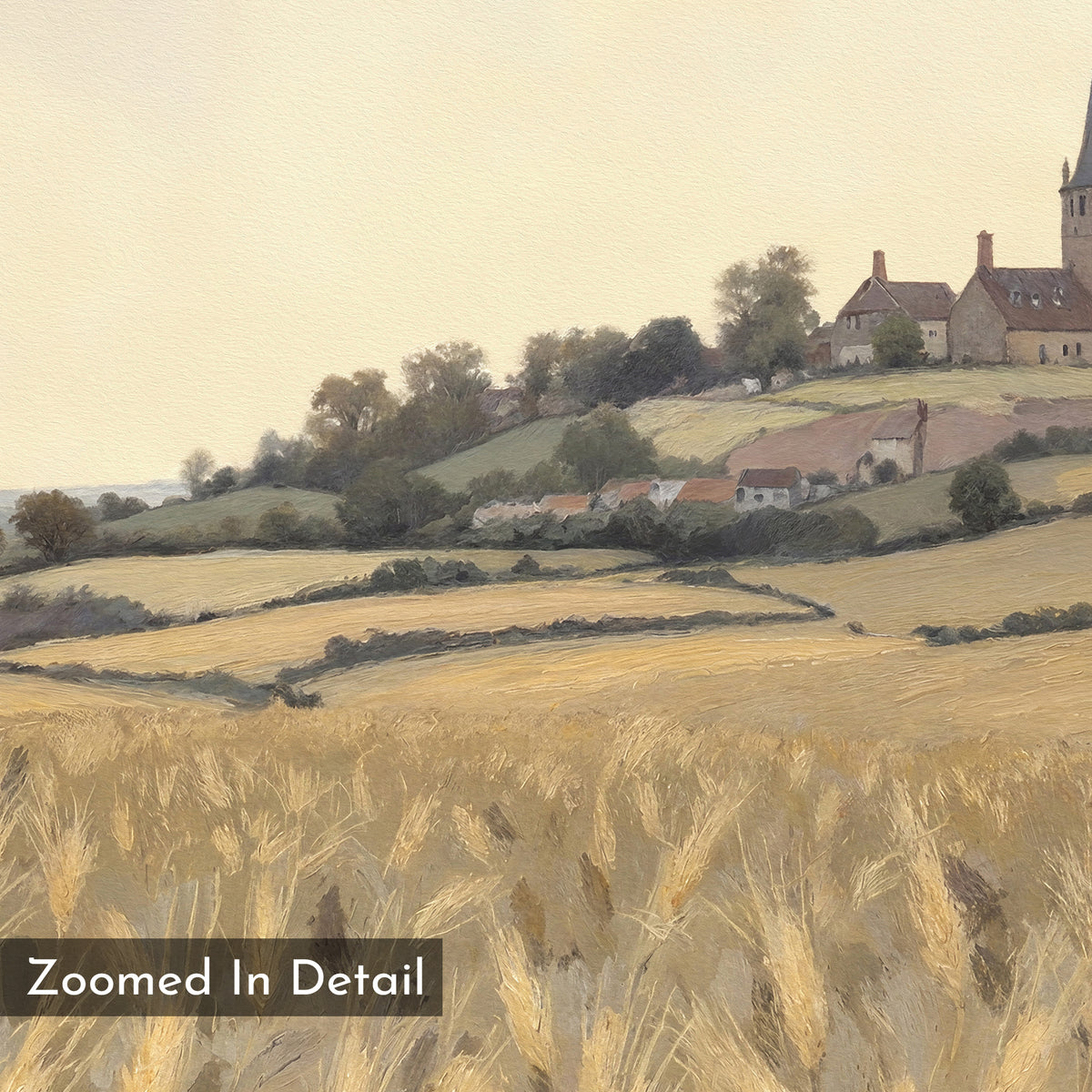 The Harvest Chapel Canvas Art - Horizontal features golden wheat fields, rolling green hills, and a hilltop church with houses—perfect rustic wall decor. "Zoomed In Detail" appears in the bottom left corner.