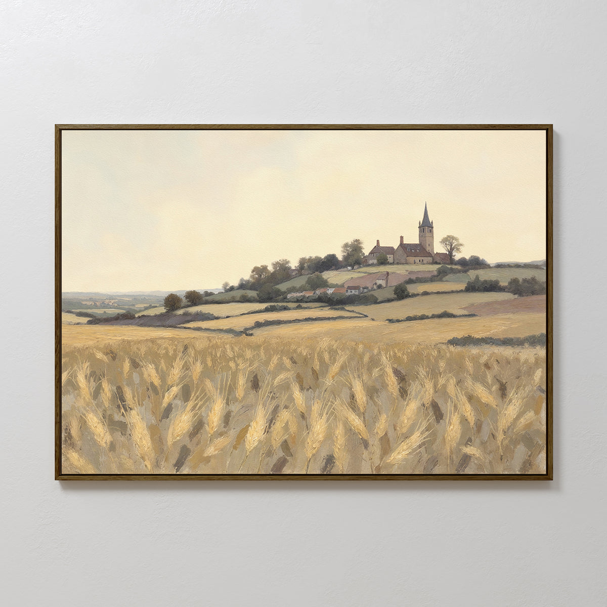The Harvest Chapel Canvas Art - Horizontal showcases a golden wheat field, rolling hills, and a steepled church under a hazy sky—ideal rustic wall art for pastoral home decor.