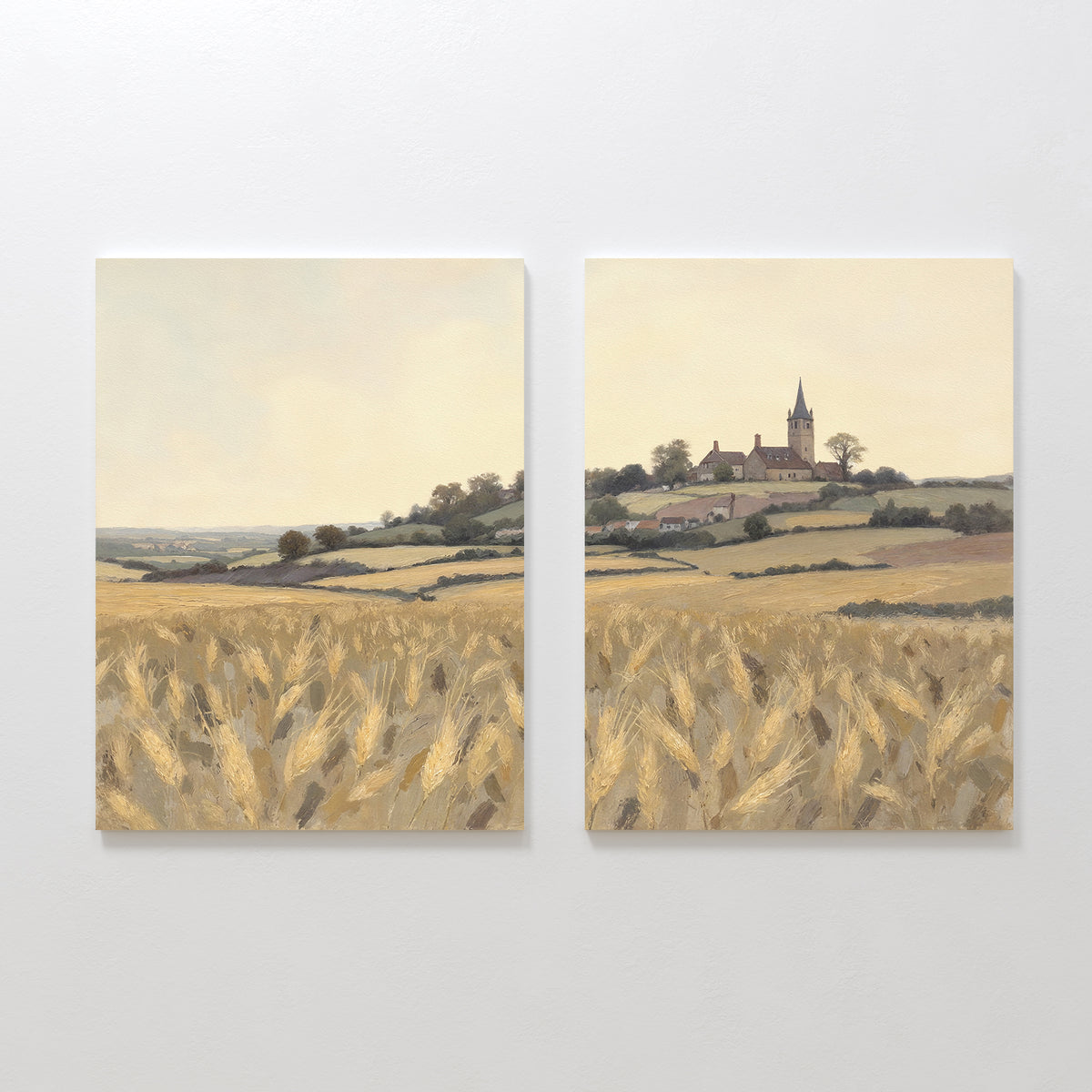 The "Harvest Chapel - Set of 2" features two canvas paintings side by side depicting a golden wheat field, rolling hills, a distant church with trees, and a pale sky, evoking the rustic charm of the countryside.