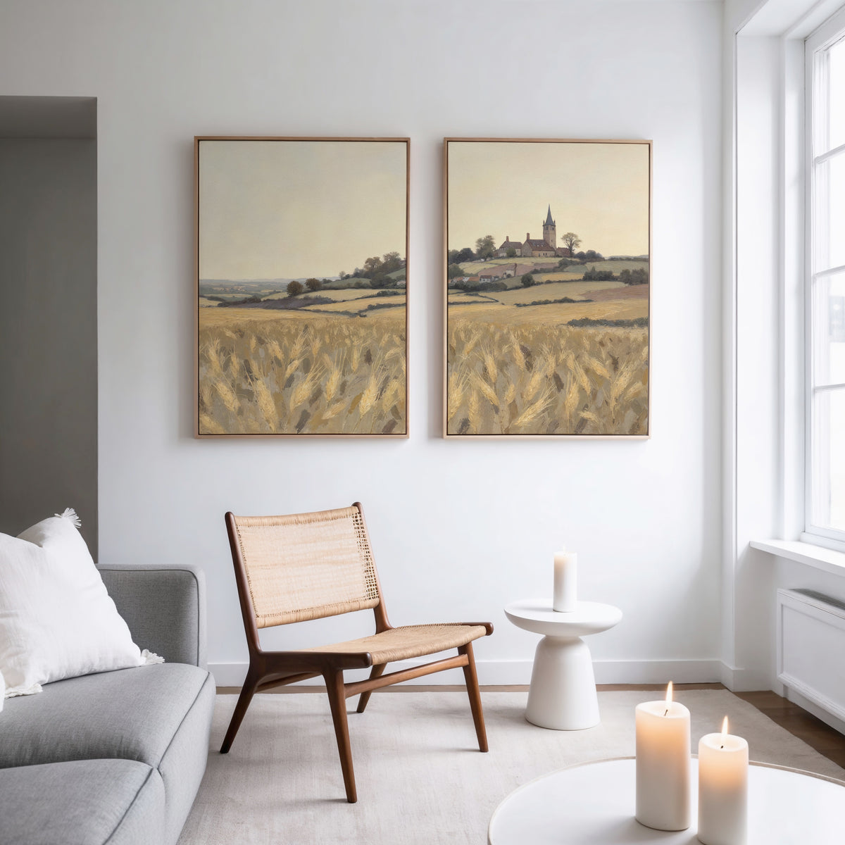 A cozy living room with a gray sofa, wooden chair, white round side table with a candle, and the "Harvest Chapel - Set of 2" canvas prints on a white wall bathed in sunlight from large windows radiates rustic charm.