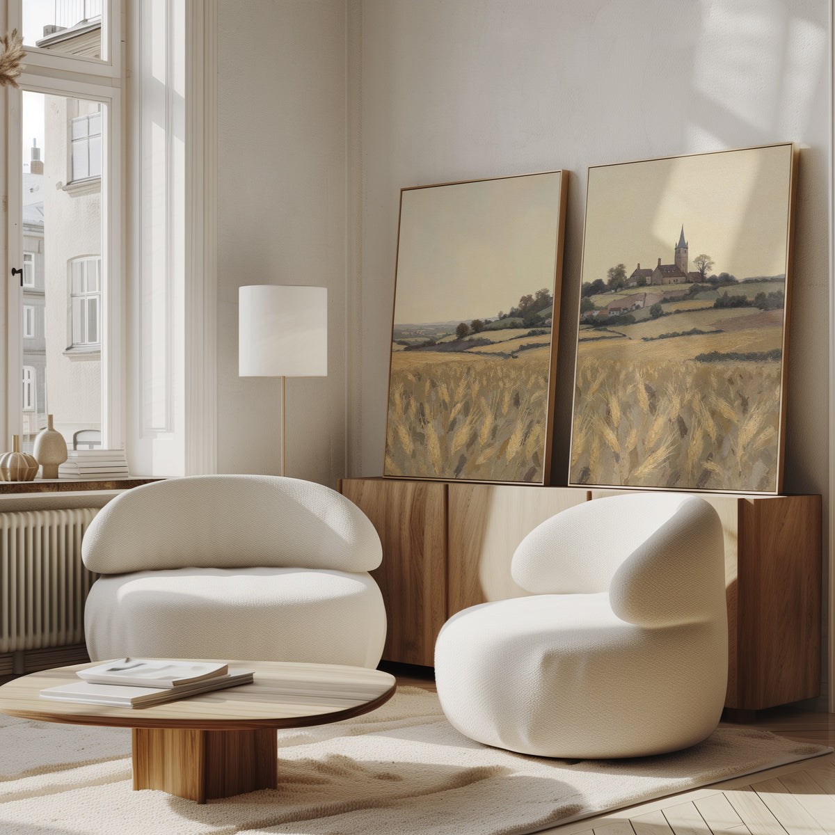 A modern living room with two white curved armchairs, a low wooden coffee table, and the Harvest Chapel - Set of 2 canvas prints on a sideboard. Large windows fill the space with natural light and rustic charm.