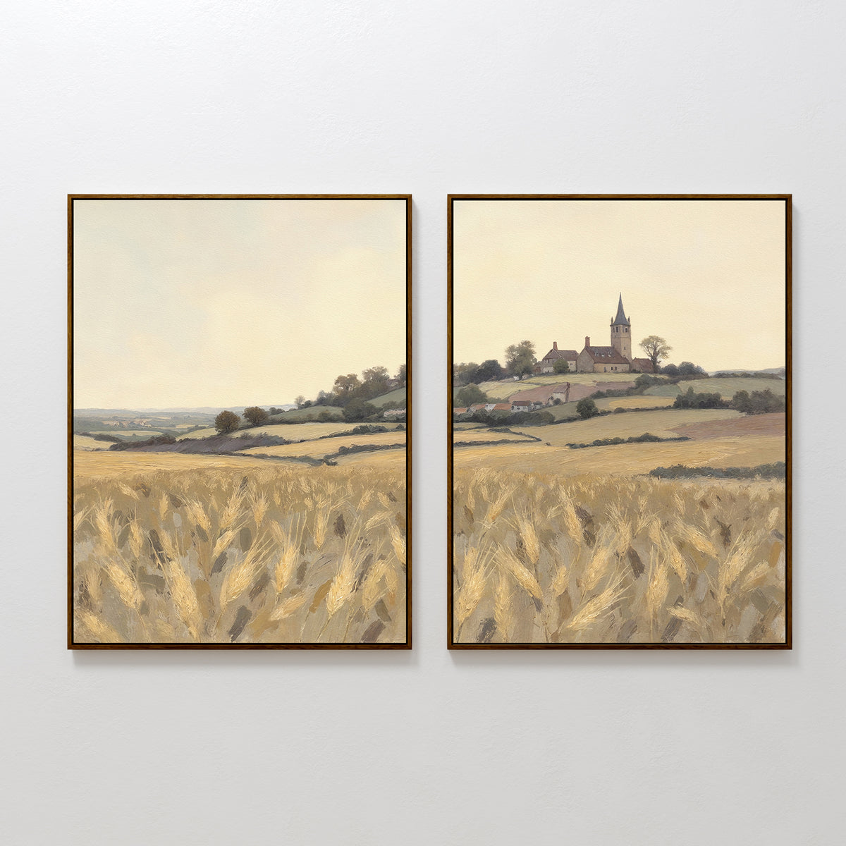 The "Harvest Chapel - Set of 2" features framed prints: one shows a golden wheat field, the other depicts a church and trees on rolling hills, both rendered in soft, muted tones under a pale sky for rustic charm.