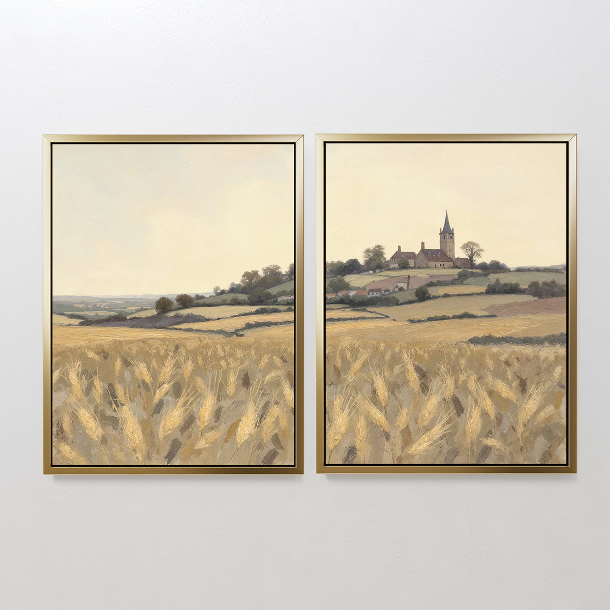 The Harvest Chapel - Set of 2 features framed canvas prints: one shows a golden wheat field, the other a rustic church atop rolling hills beneath a clear sky, capturing tranquil countryside charm.
