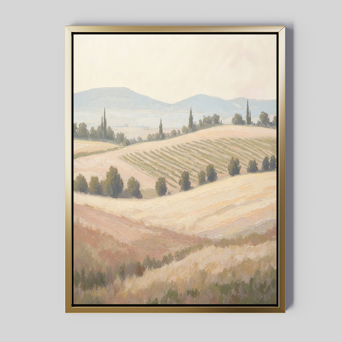 The "Harvest Fields Canvas Art - Vertical" features golden fields, green trees, and distant blue hills under a pale sky—perfect for adding serene countryside charm to your home decor.
