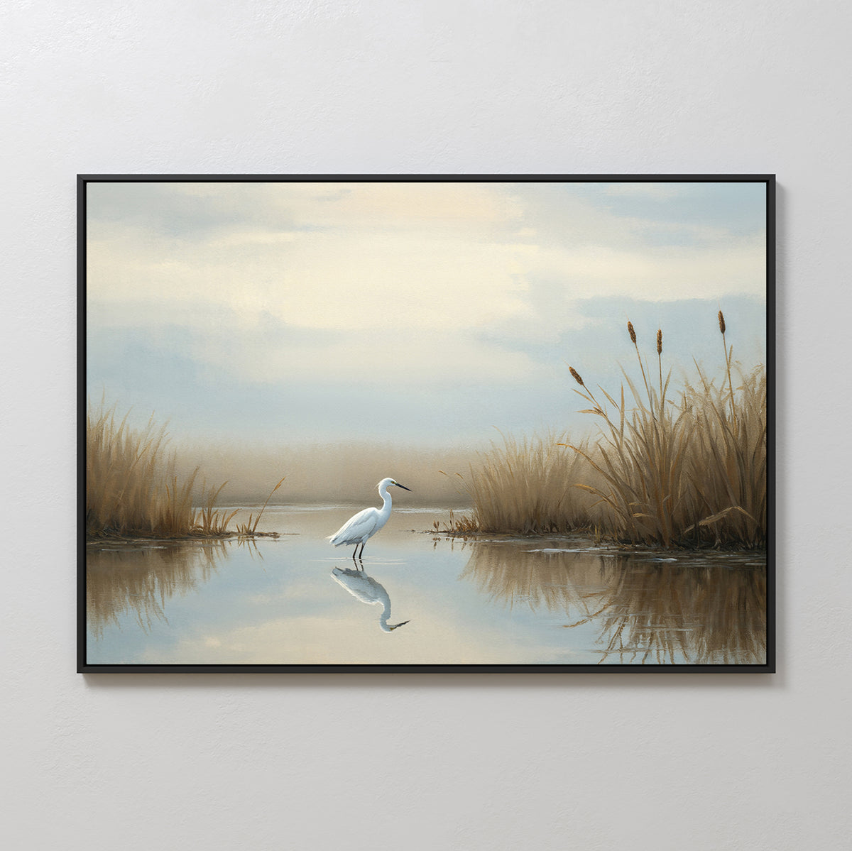 Heron's Morning Canvas Art - Horizontal features a white heron in shallow water amid tall grasses and reeds beneath a cloudy sky, with gentle reflections on the surface—an ideal serene wall art accent.
