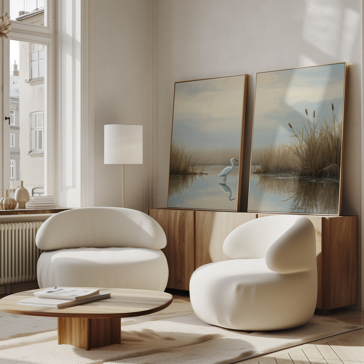 A modern living room with two white rounded chairs, a wooden coffee table, and a sideboard displaying the "Heron's Morning - Set Of 2" wall art prints. Soft natural light streams in through large windows.