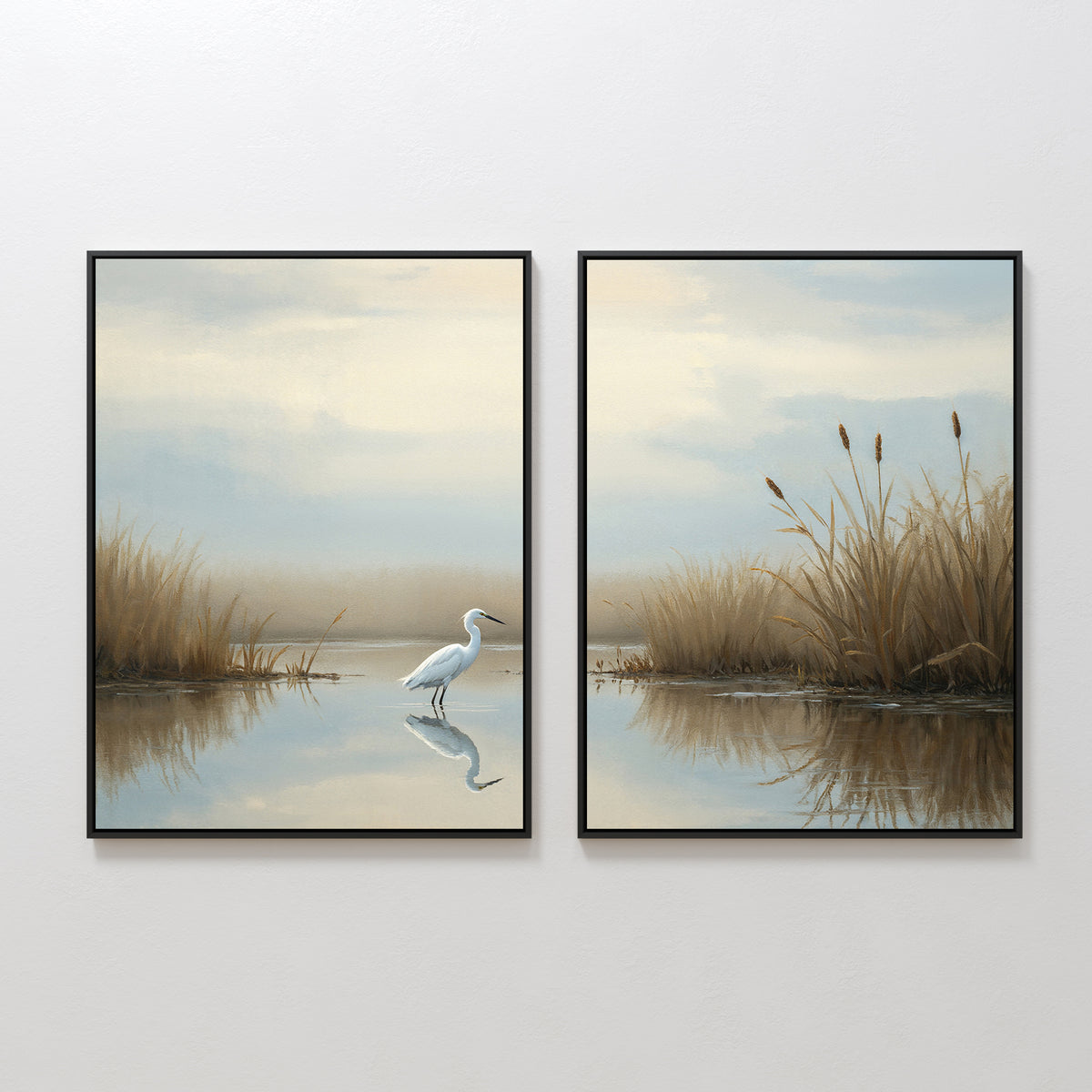 Heron's Morning - Set of 2: Framed wall art prints depicting a serene wetland with tall grasses, calm water, and a white egret by the shore, shown on a plain white wall.