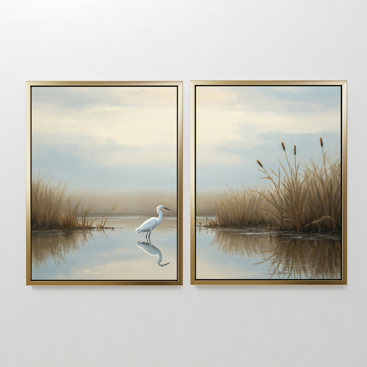 The Heron's Morning - Set Of 2 features two framed prints: one with a white egret in tranquil wetlands, and the other showcasing cattails beside calm water under a cloudy sky.