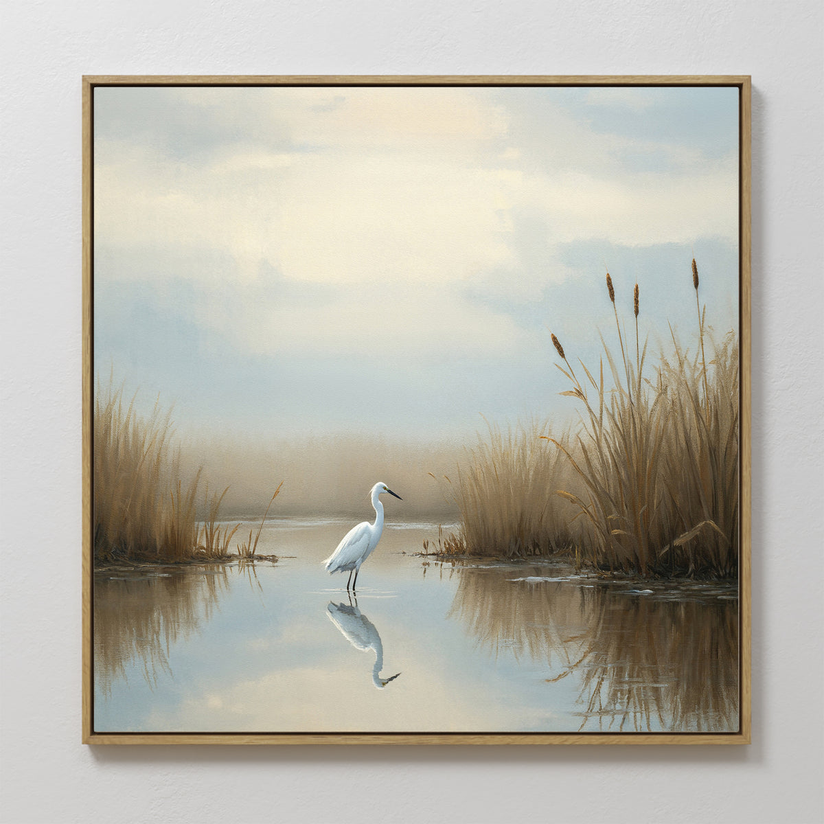 Heron's Morning Canvas Art - Square: Features a white egret standing in shallow water among tall reeds, with its reflection and a misty blue-beige sky background, capturing a serene wetland scene.