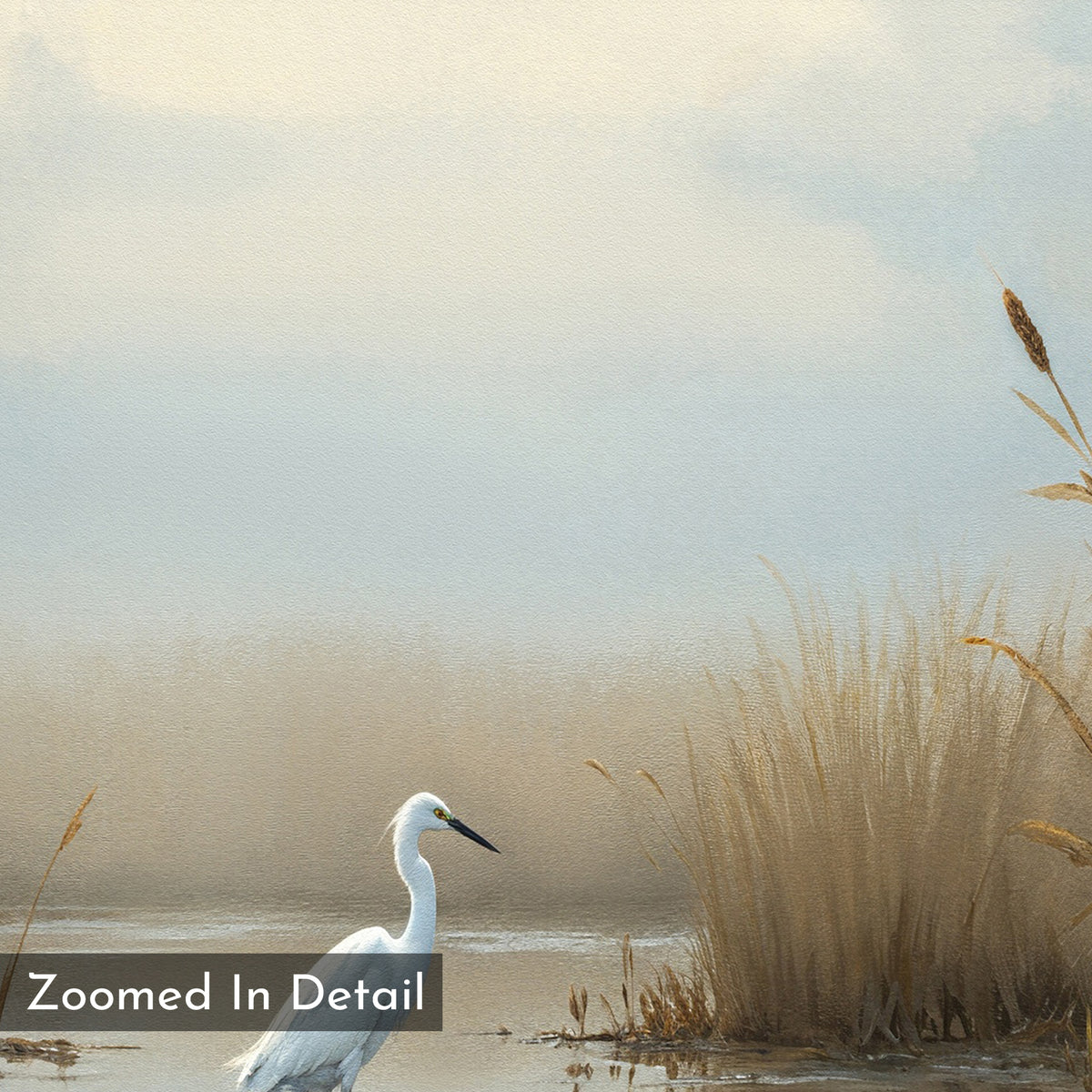 A heron stands in shallow water near tall reeds under a hazy sky, depicted in soft watercolor style. Perfect as a wall art print, this piece is titled “Heron's Morning Canvas Art - Square” with “Zoomed In Detail” text in the corner.