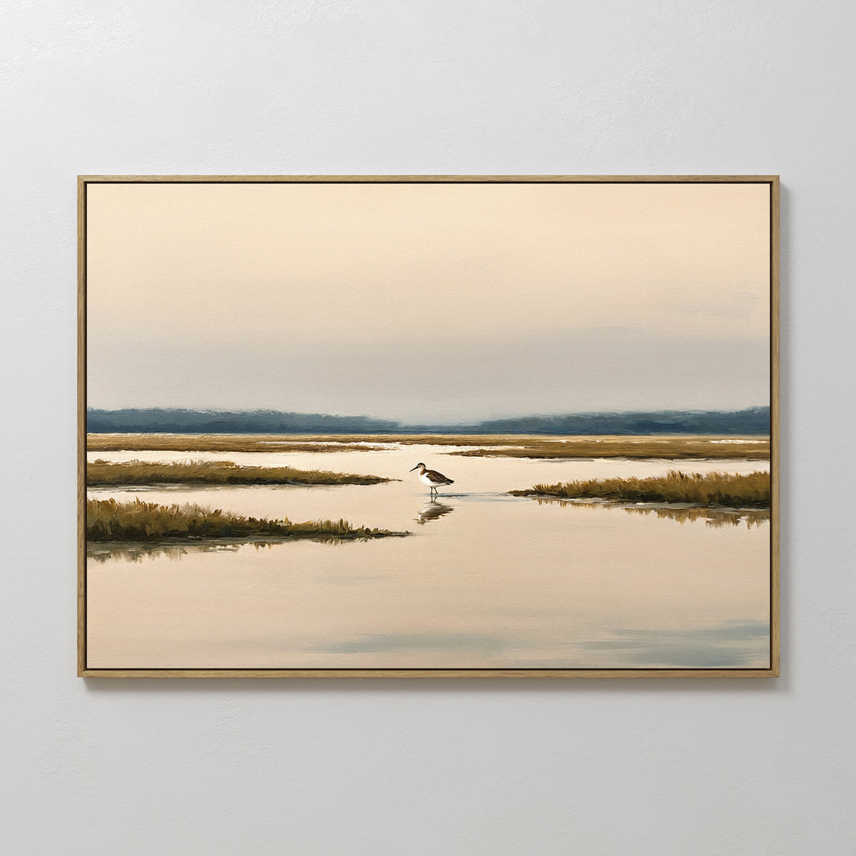 The Marsh Bird Canvas Art - Horizontal depicts a lone heron in a peaceful marsh at sunset, with gentle reflections and grassy patches. Ideal wall art for bringing calm to any Nordic Park-inspired room.