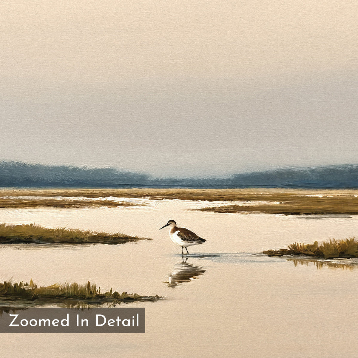The Marsh Bird Canvas Art - Horizontal shows a shorebird in shallow water with grassy patches, under a cloudy sky and distant land. The tranquil scene features a soft, painted effect. “Zoomed In Detail” appears in the corner.