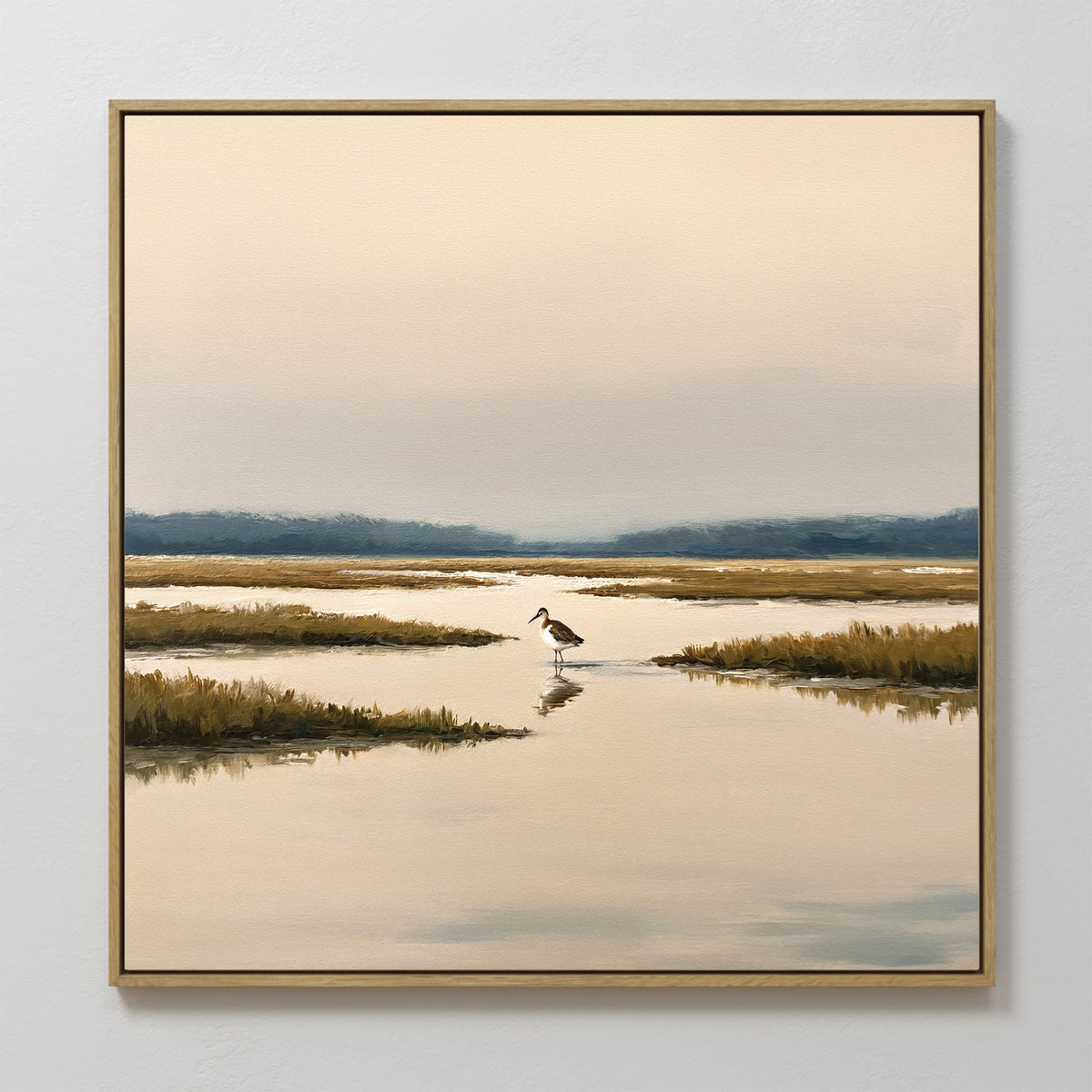 The Marsh Bird Canvas Art - Square features a serene sunset landscape with a lone heron in shallow water, grassy patches, and distant trees under a hazy sky, bringing peaceful Nordic Park vibes to your space.