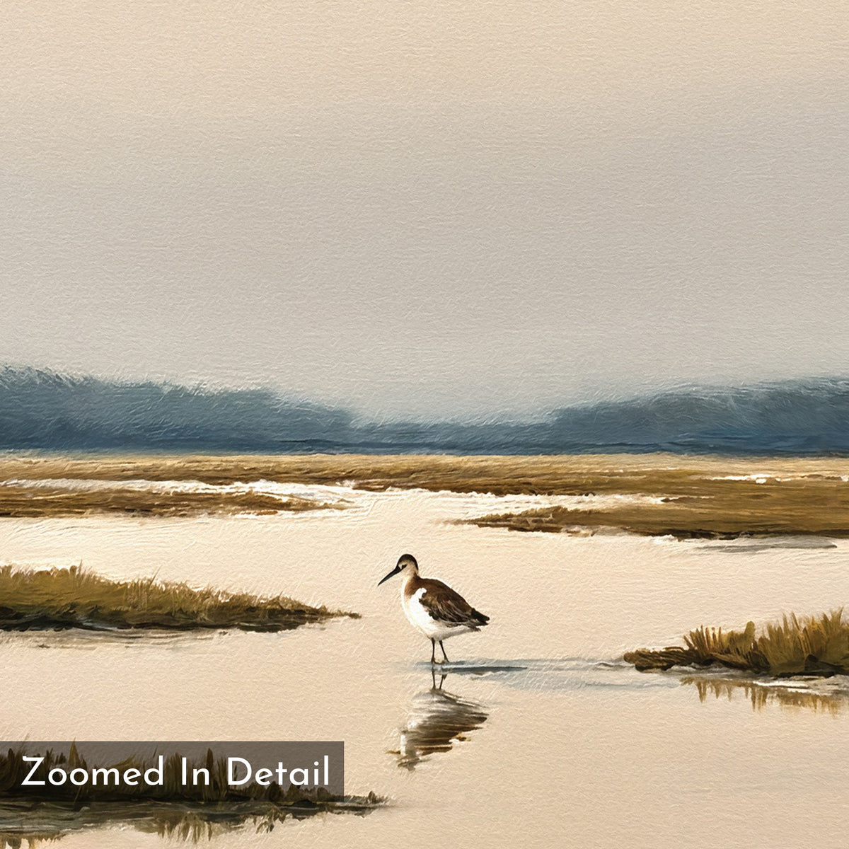 A shorebird stands in calm, misty water with grassy patches beneath an overcast sky. The scene, titled “Zoomed In Detail,” is featured on Marsh Bird Canvas Art - Square—ideal for tranquil wall art or a serene marshland print.