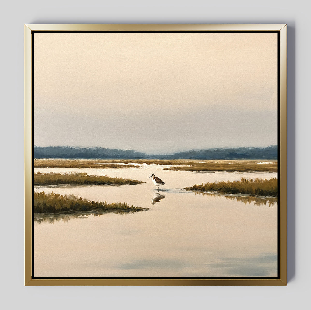 The Marsh Bird Canvas Art - Square features a serene wetland at sunset with calm water, grassy patches, and a lone heron. This tranquil wall art showcases a hazy sky and distant treeline, perfect for adding peaceful ambiance to any space.